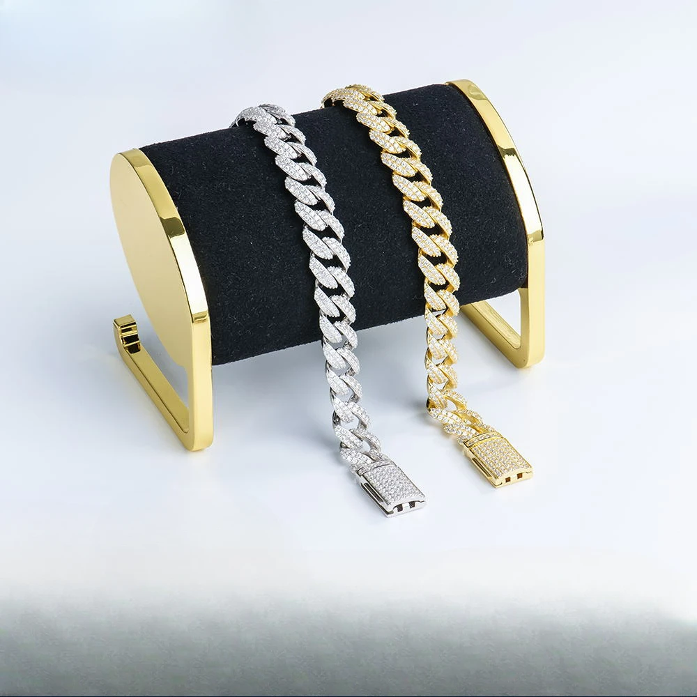 

S925 Silver Full Mozzarella Loose Stone Double Row Arc Cuban Bracelet Thick 10mm Men's And Women's Bracelet
