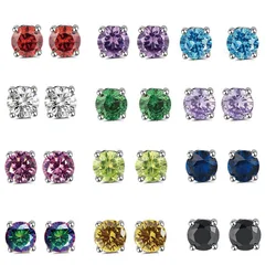 MxGxFam 13 Colors 7mm Rond Zircon Birthstone Stud Earrings For Women Classic Style AAA+ Cubic Zircon White Gold Color