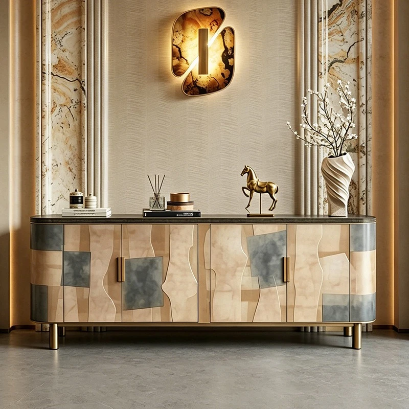 Italian light luxury dining side cabinet household living room wall storage cabinet modern villa high-end art color matching