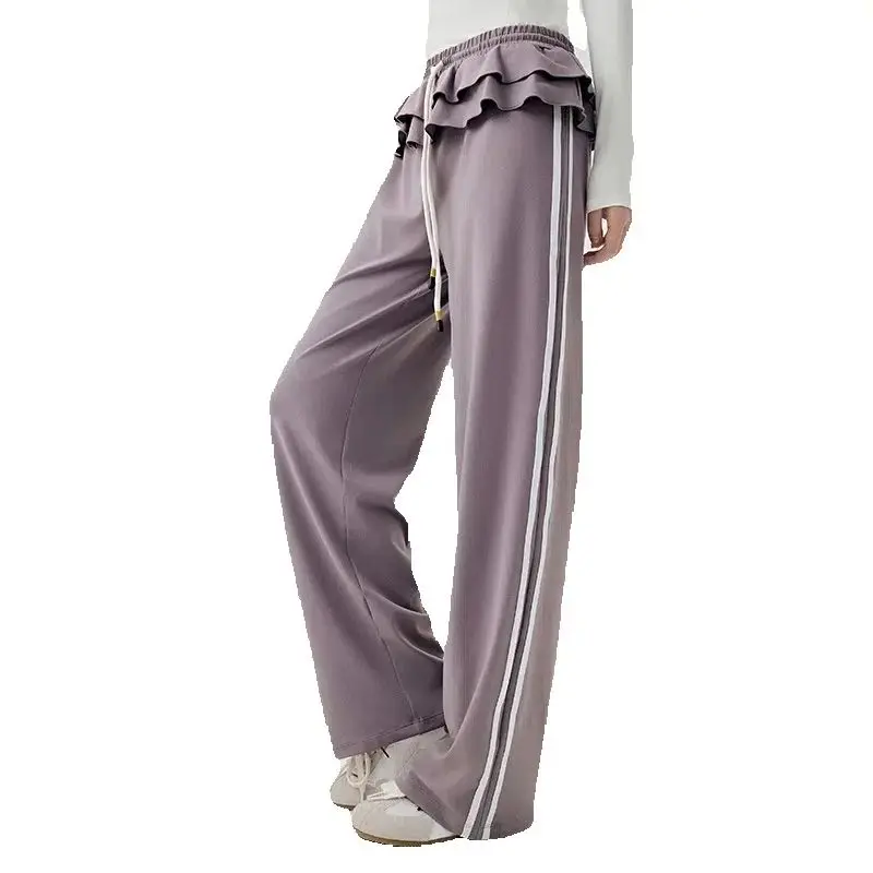 

Autumn Women's Straight Wide Leg Pants Casual Loose Sports Trousers Ballet Style Lotus Leaf Hem Side stripes Gym Lounge Pants