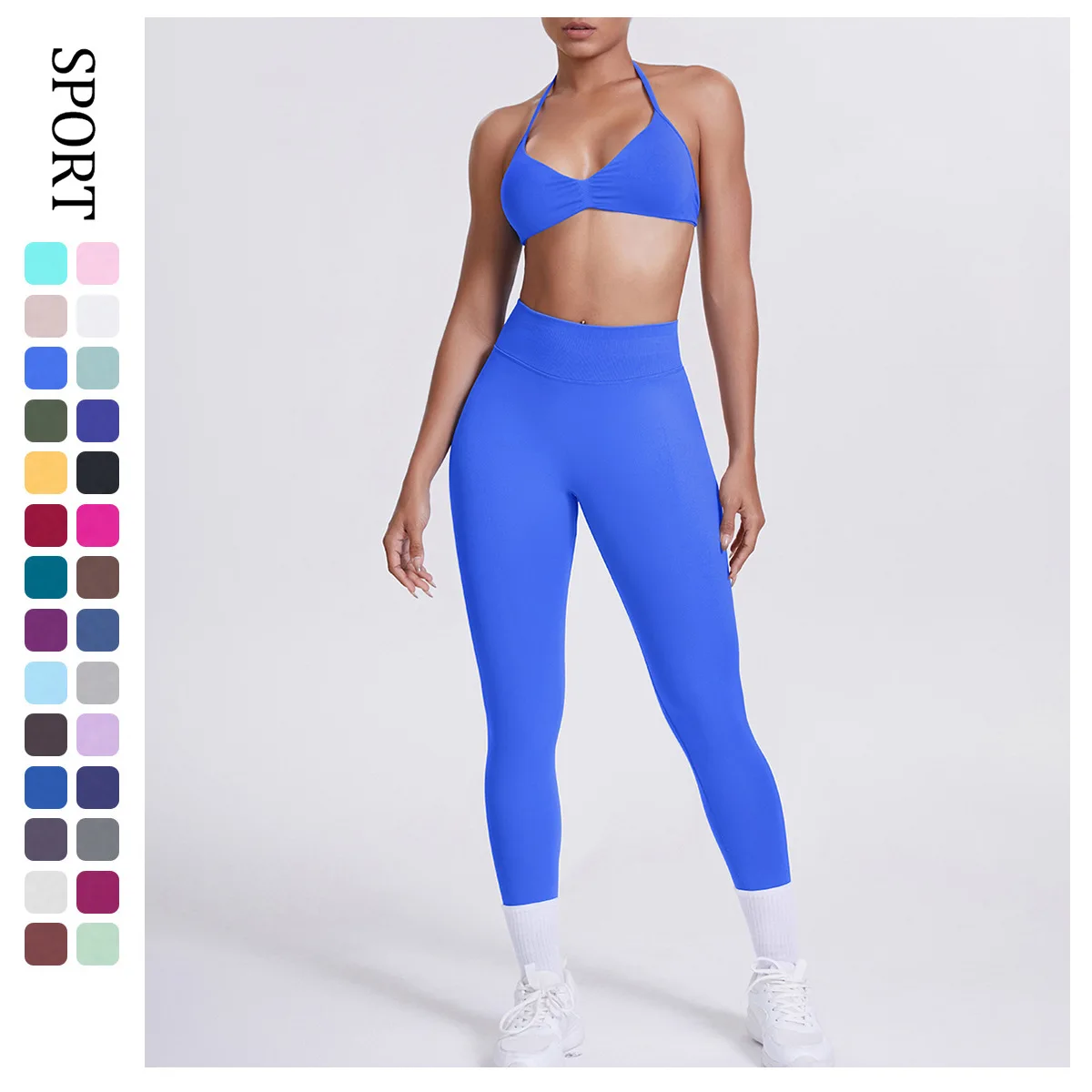 

Seamles Yoga Set Women Strappy Halter Sports Bra and Workout Scrunch Leggings Set Yoga Pants Suits Fitness 2 Pieces Gym Set