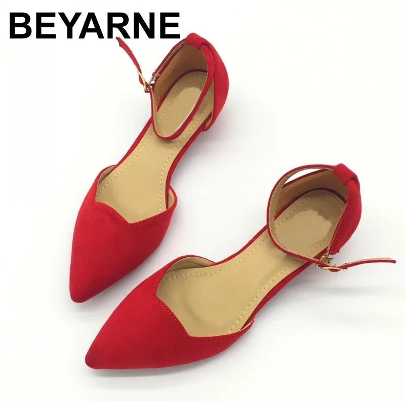 BEYARNESexy Women Buckle Strap Low Heels Pumps Spring Autumn Pointed Toe Flock D\'Orsay Heels Shoes For Woman Ladies Single Shoes