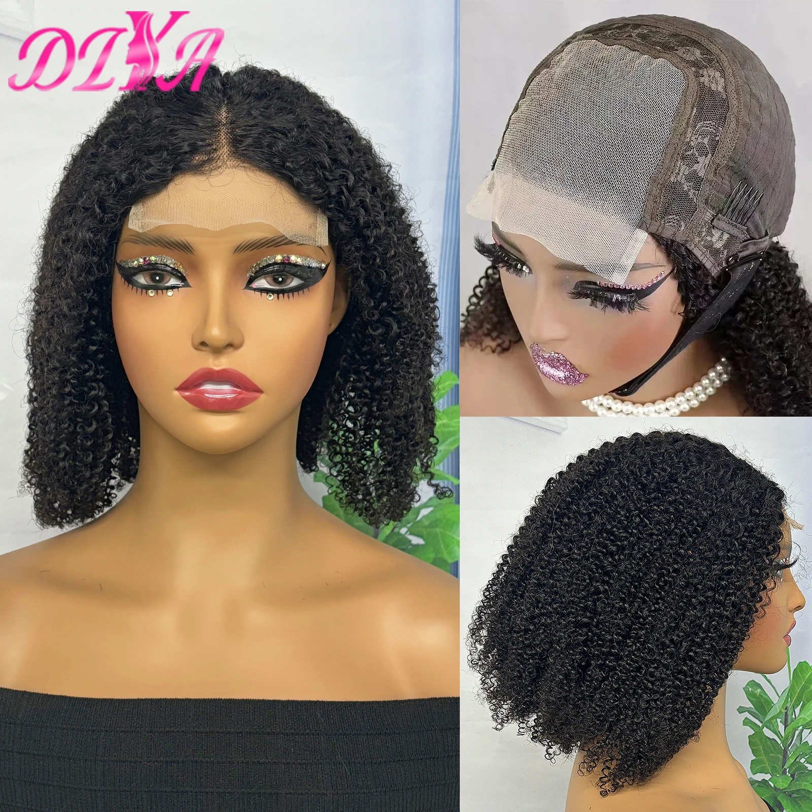 300% Density Afro Kinky Curly Bob Wigs for Black Women 4x4 Lace Closure Brazilian Remy Hair PrePlucked 12 14 16 Inches Bob Wig