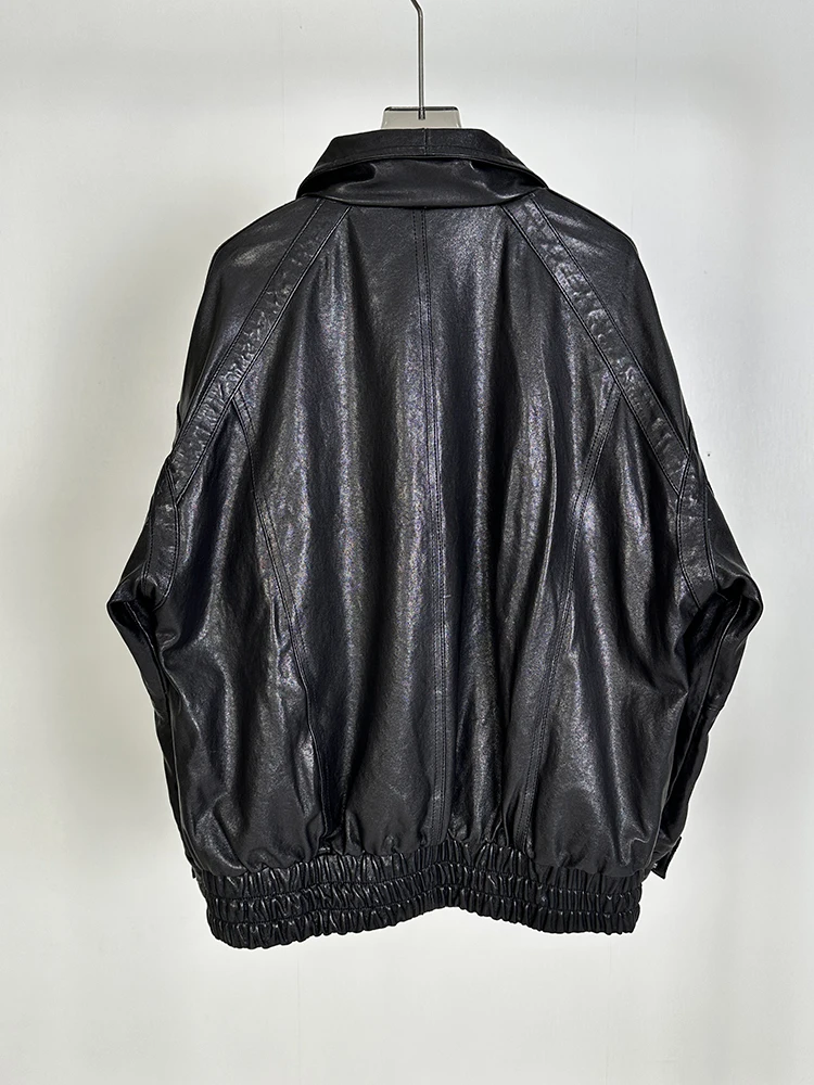 Faionable véritable eepskin cuir Jaet ample mi-long moto manteau Bla automne nouveauté femmes Premium cuir manteau