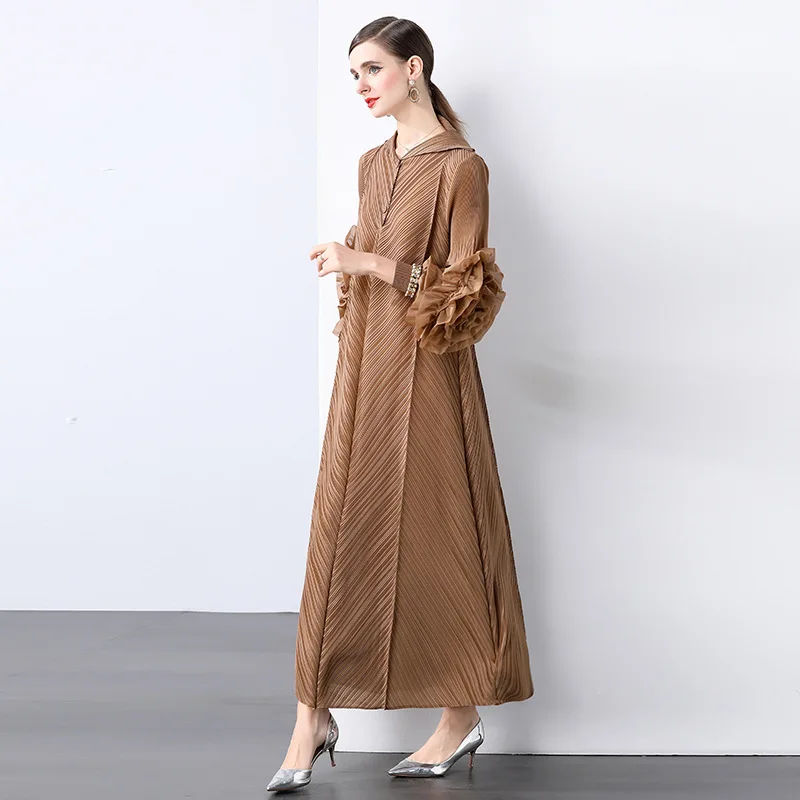 Sukienka plisowana Miyake damska 2025 nowa plisowana sukienka z długim rękawem modna trójwymiarowa kwiatowa temperamentna spódnica średniej długości