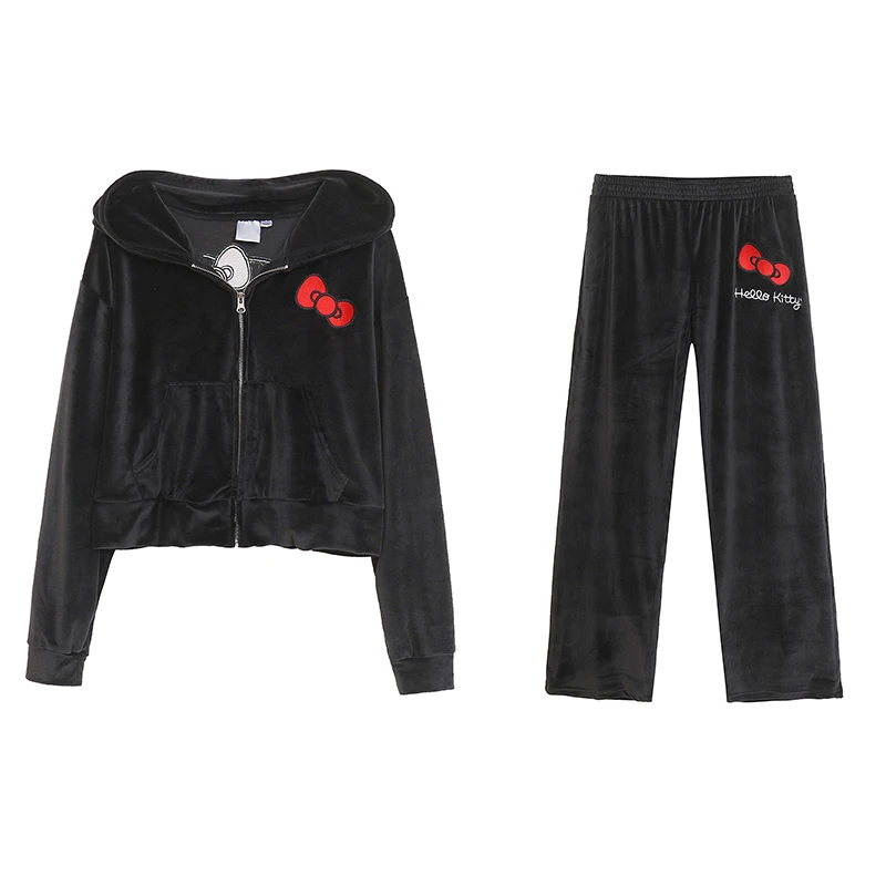 

Cartoon Heavy Embroidery Flannel Soft Zipper Hooded Jacket Loose Slimming Cute Straight Leg Pants Set Women's Sweatshirt