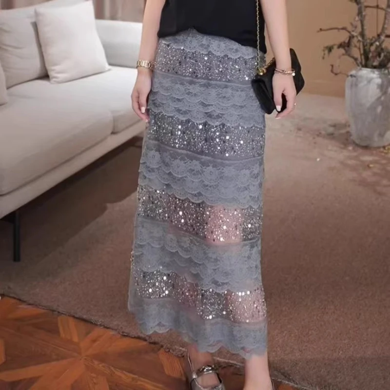 2026 Spring Summer Women Sequined Lace Ruffles Grey Beige Long Skirt , Woman Fashion Romantic Ankle Length Skirts