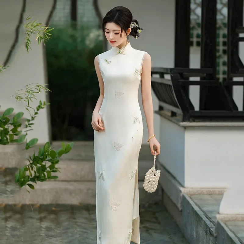 

Элегантное длинное платье Cheongsam без рукавов в китайском стиле, новинка 2023 года, летнее винтажное сексуальное платье Qipao для молодых женщин