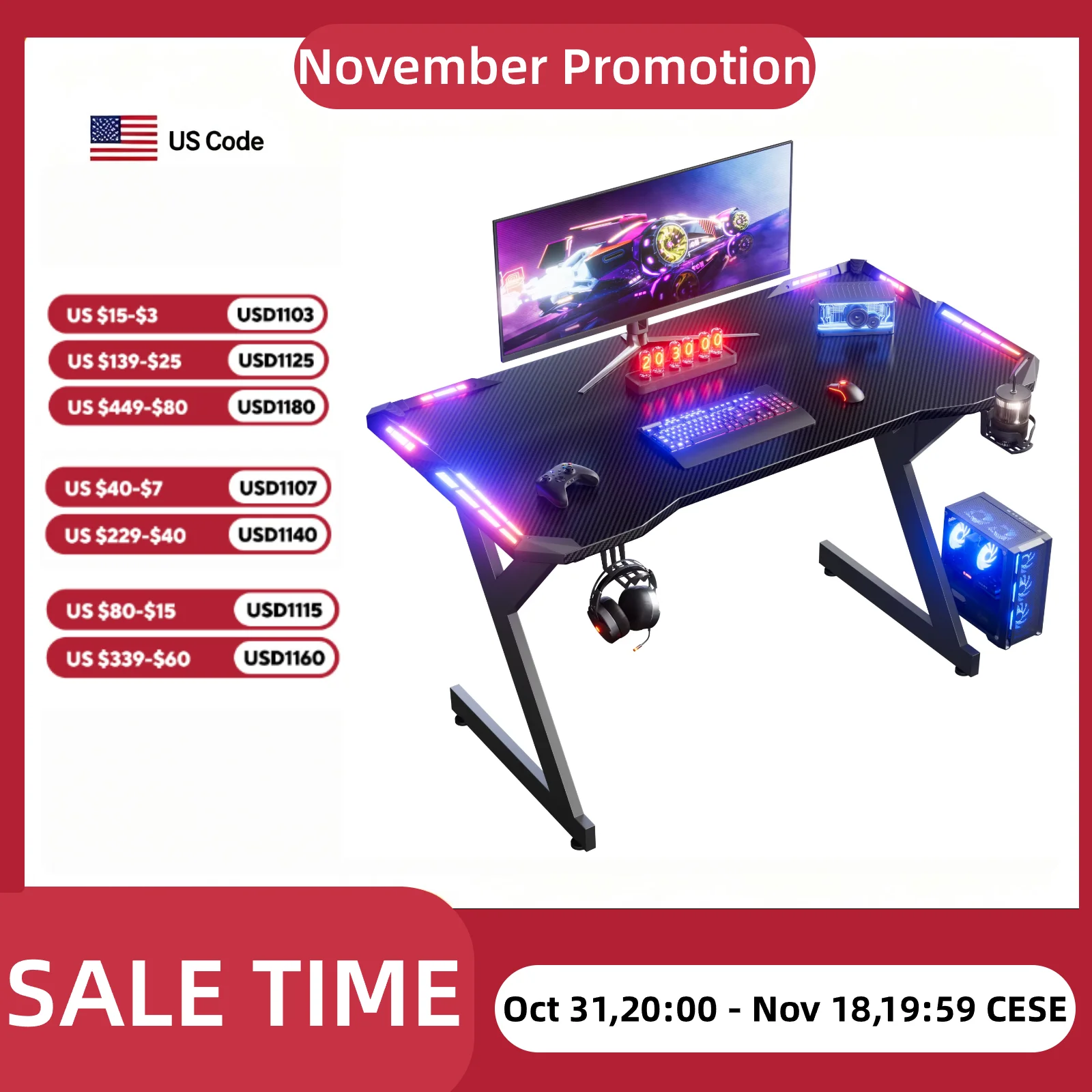 Y‑Shaped Gaming Desk with RGB LED Lights, Ergonomic Carbon‑Fiber Surface PC Workstation Table with Headphone Hook & Cup Holder