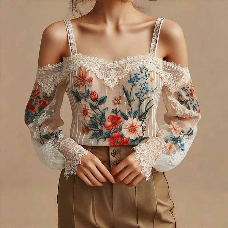 

Elegant Off Shoulder Blouses Women Pullovers Tops Lace Floral Plant Pattern Cold Shoulder Top Summer Shirt & Blouse Lady Tees