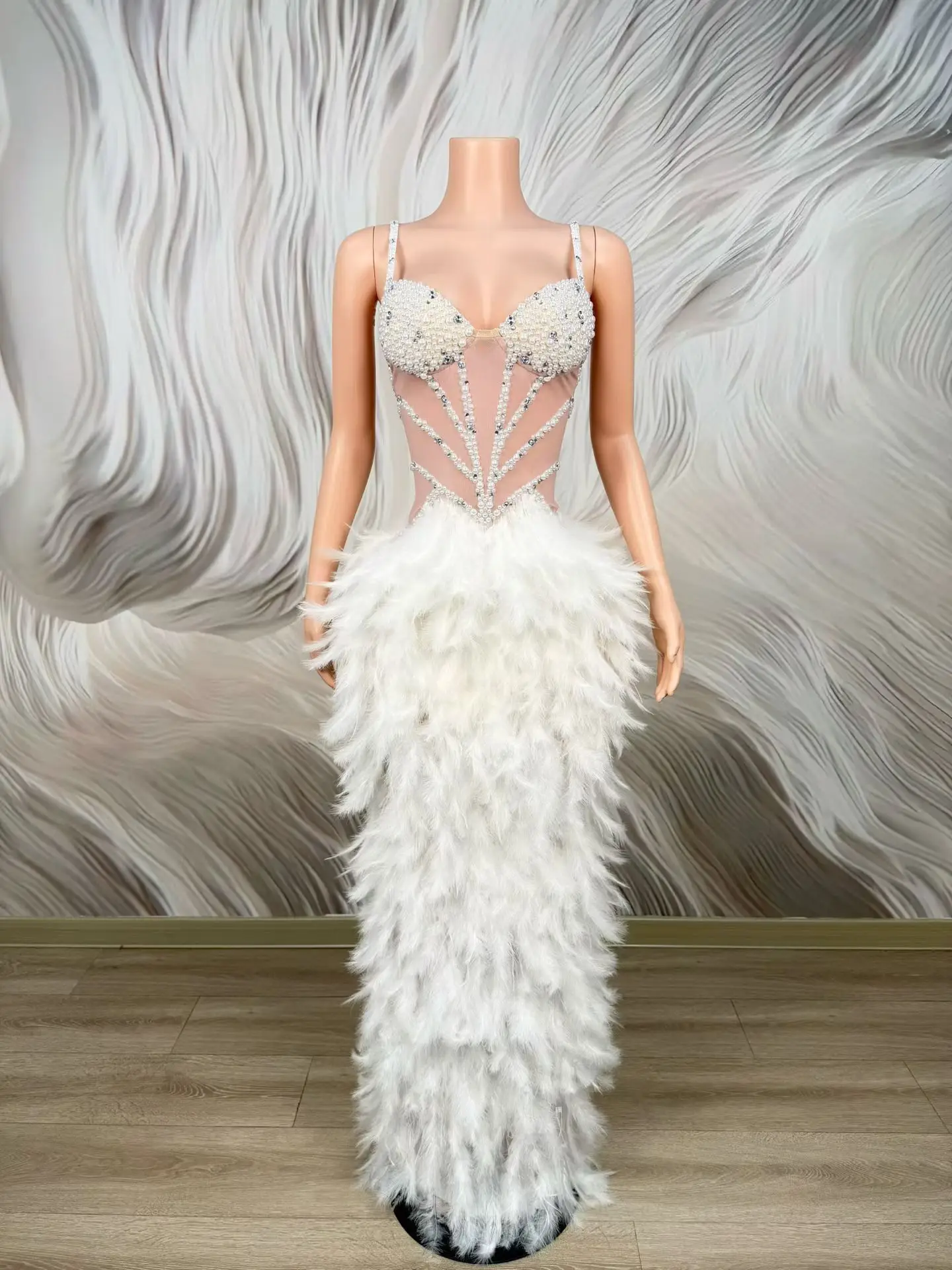 Tiane Women White Feather Rhinestone Corset Mermaid Evening Dress Spaghetti Strap Formal Prom Red Carpet Gown