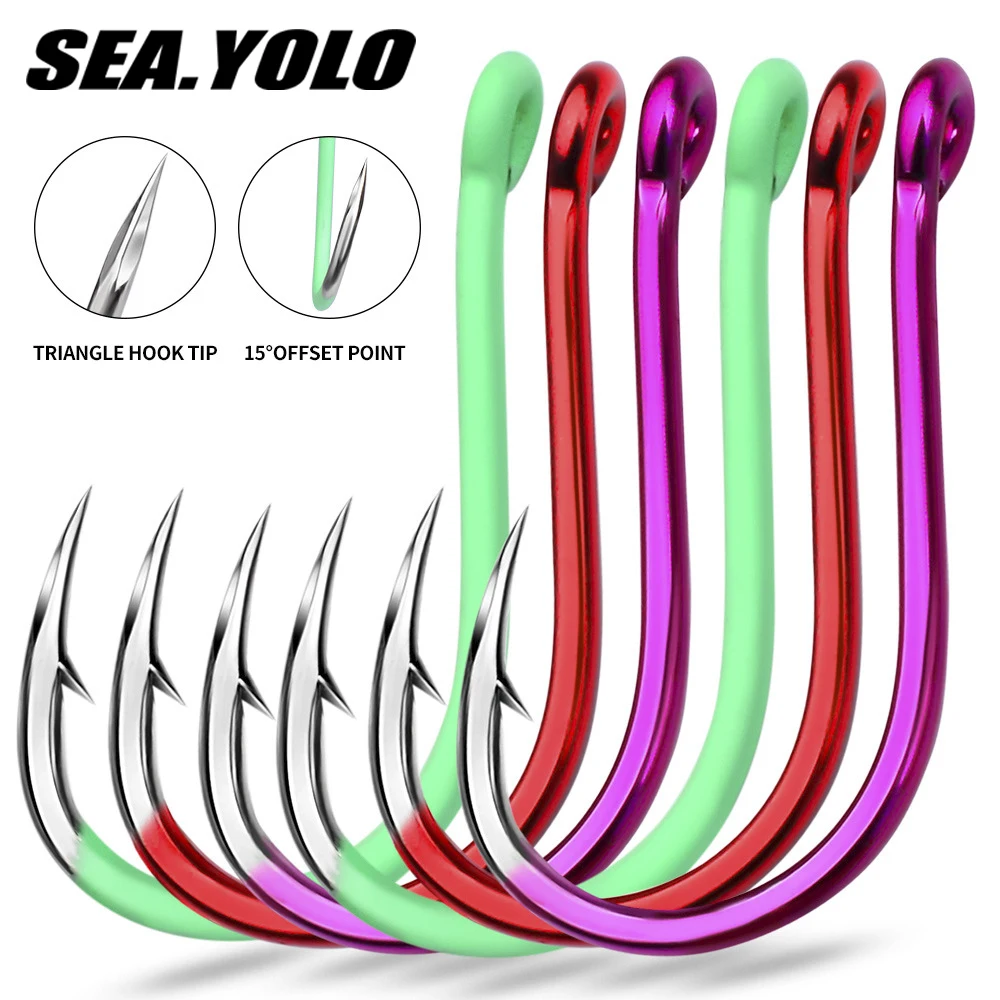 

Sea. Yolo 10pcs/bag Lure Hole Ring Crooked Mouth Long Handle Hook High Carbon Steel Barbed Hook Night Light Rock Fishing Hook