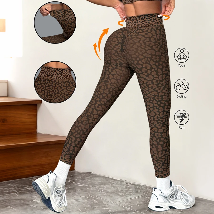 Leopard Print Yoga Pants for Women High Waist Tummy Control Butt Lifting Workout Pants Slim Elastic Sports Leggings Sportswear