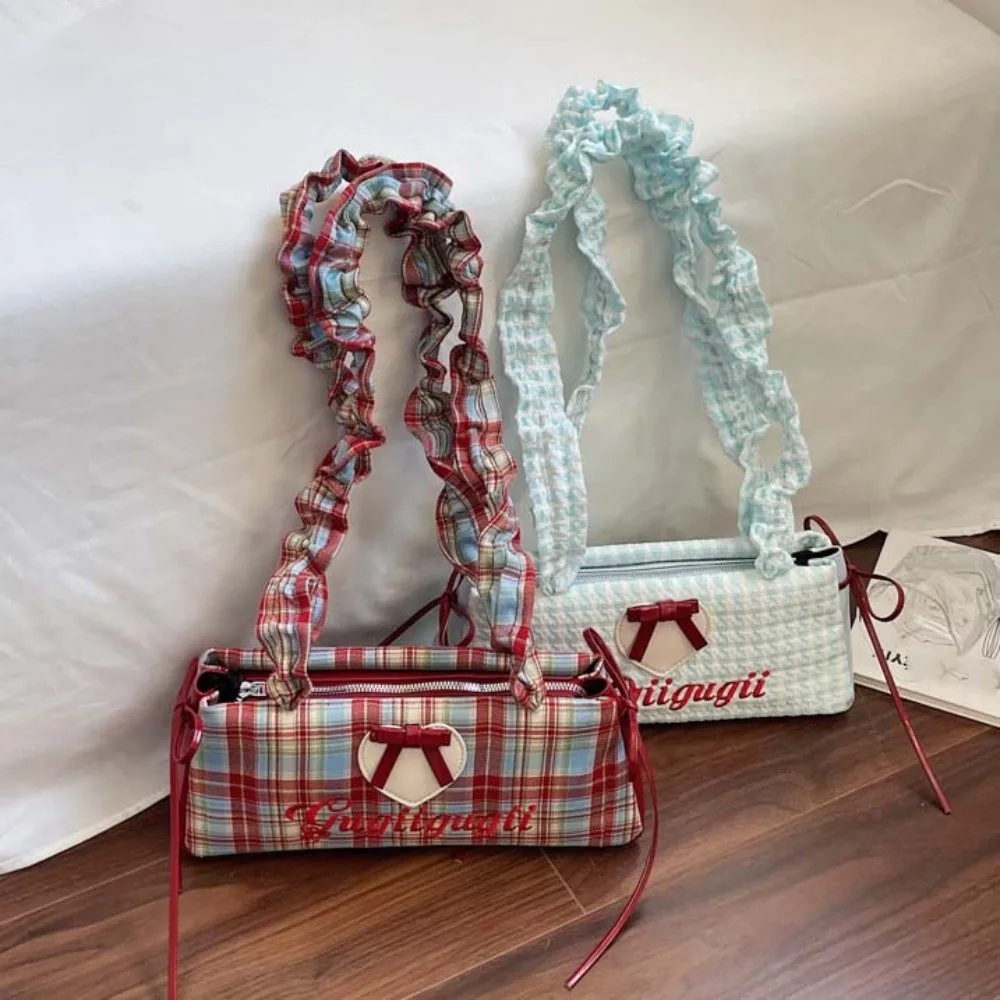 

Bow Decoration Handbag Drawstring Pleated Shoulder Strap French Stick Underarm Bag Fashion Women's Plaid Shoulder Bag