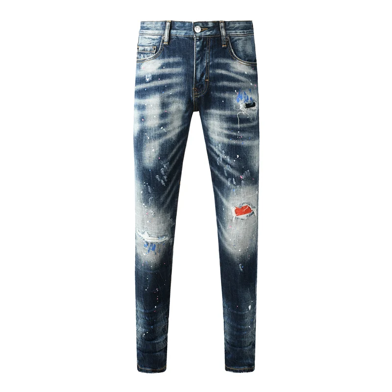 Men's Dark Blue Vintage Distressed Skinny Jeans Mid-Waist Stretch Slim Fit Street Style Ripped Washed Splatter Paint Denim Pants