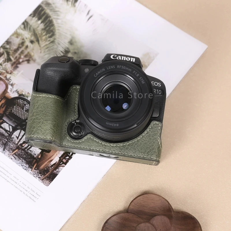 handwork Photo Camera Litchi grain anti-slip leather Bag Body BOX Case For canon R5 R6 II R10 Protective sleeve base Open batter