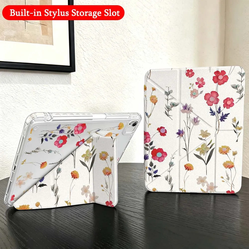 Watercolor Flower Art For iPad Mini Pro Air 5 6 7 8 9 10th 11th 11 9.7 10.9 13 inch Transparent Y-Shaped Folding Tablet Case