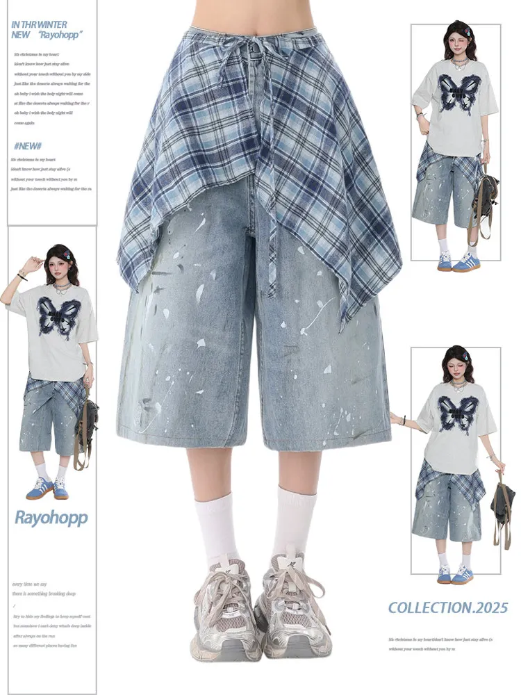

American Color Block Denim Shorts Women's Summer New Large Size Slimming Plaid Skirt Design Street Splashed Ink Seven-eighths...