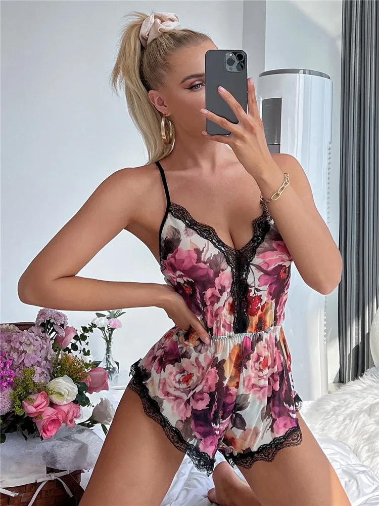 Sexy Romper Floral Bodysuits Soft Pajamas Backless Sleepwear Casual Holiday Body Mujer Jumpsuits Lace Trim Nightdress