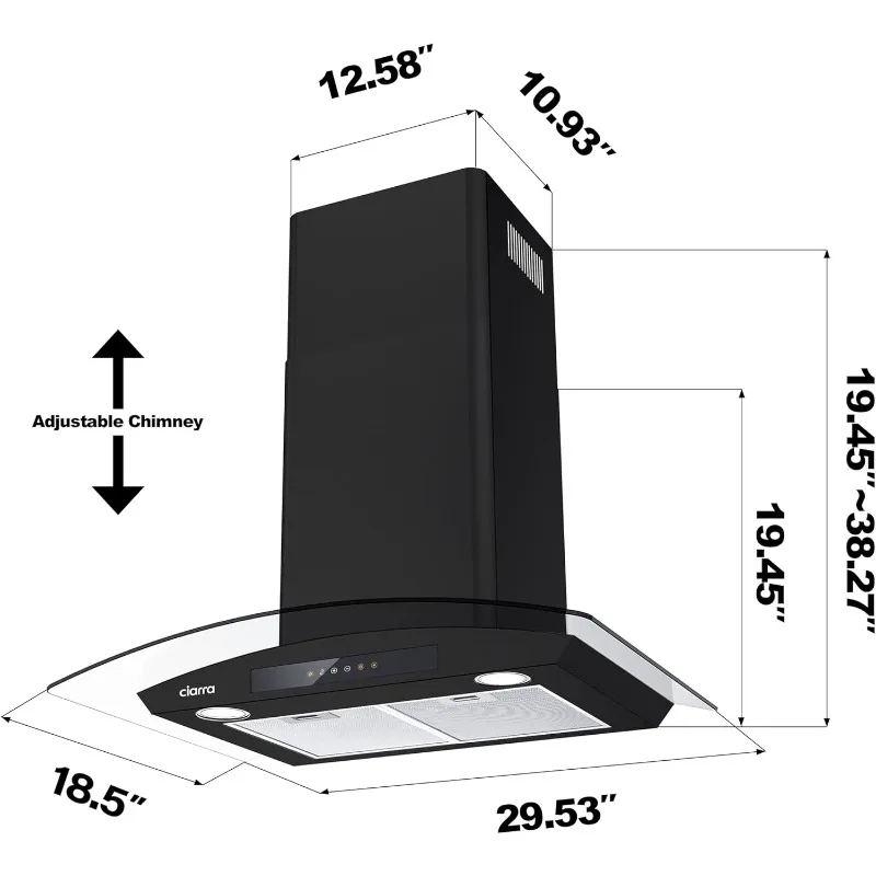 Black Range Hood 30 inch with Soft Touch Control 450 CFM Stove Vent Hood for Kitchen with 3 Speed Exhaust Fan Auto Shut