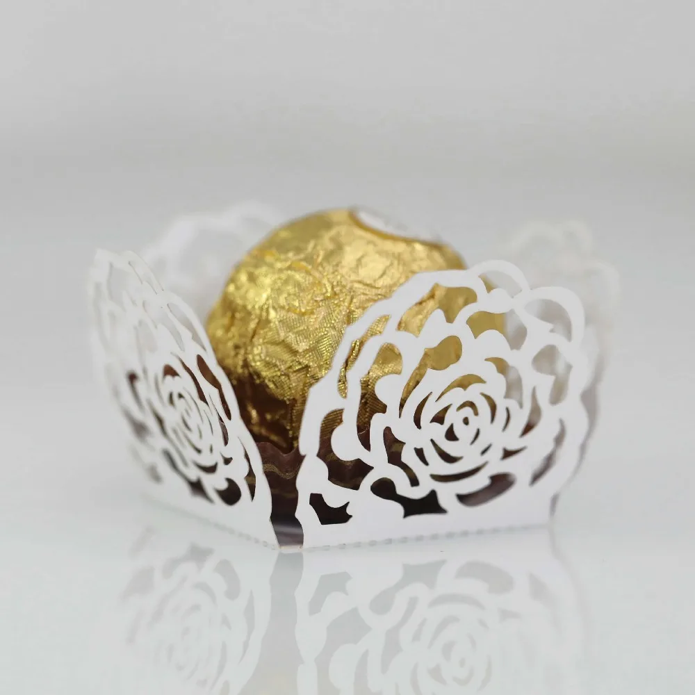 New 50pcs Chocolate Packing Chocolate Tray Paper Dessert Decor Rose Lace Chocolate Candy Cups Hollow-Out Truffle Wrappers Party