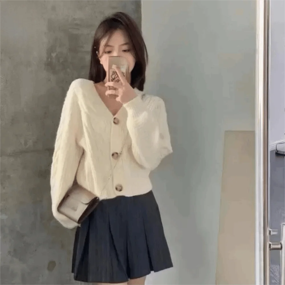 

Корейский стиль, вязаные крючком с длинными рукавами, осенне-весенние свободные кардиганы, женские топы Y2K, милый трикотаж в консервативном стиле, женский