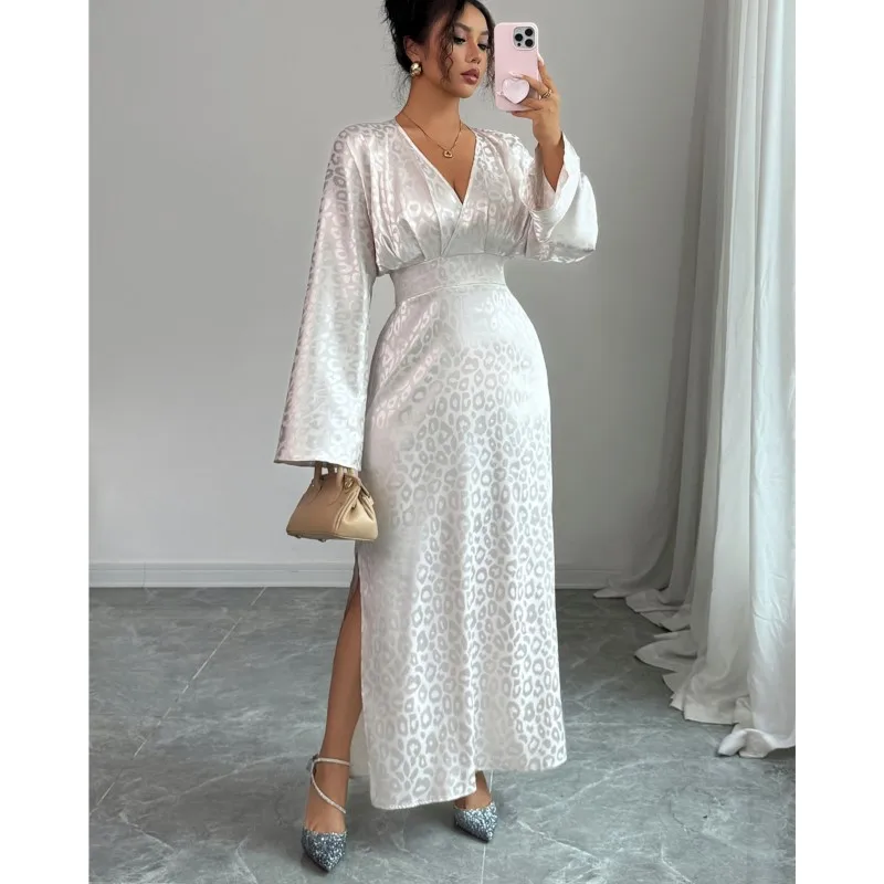 

Fashionable V-neck Flared Long-sleeved Dress For Women Elegant Spring Leopard Printing Print Waist Slit Dresses For Women 2026