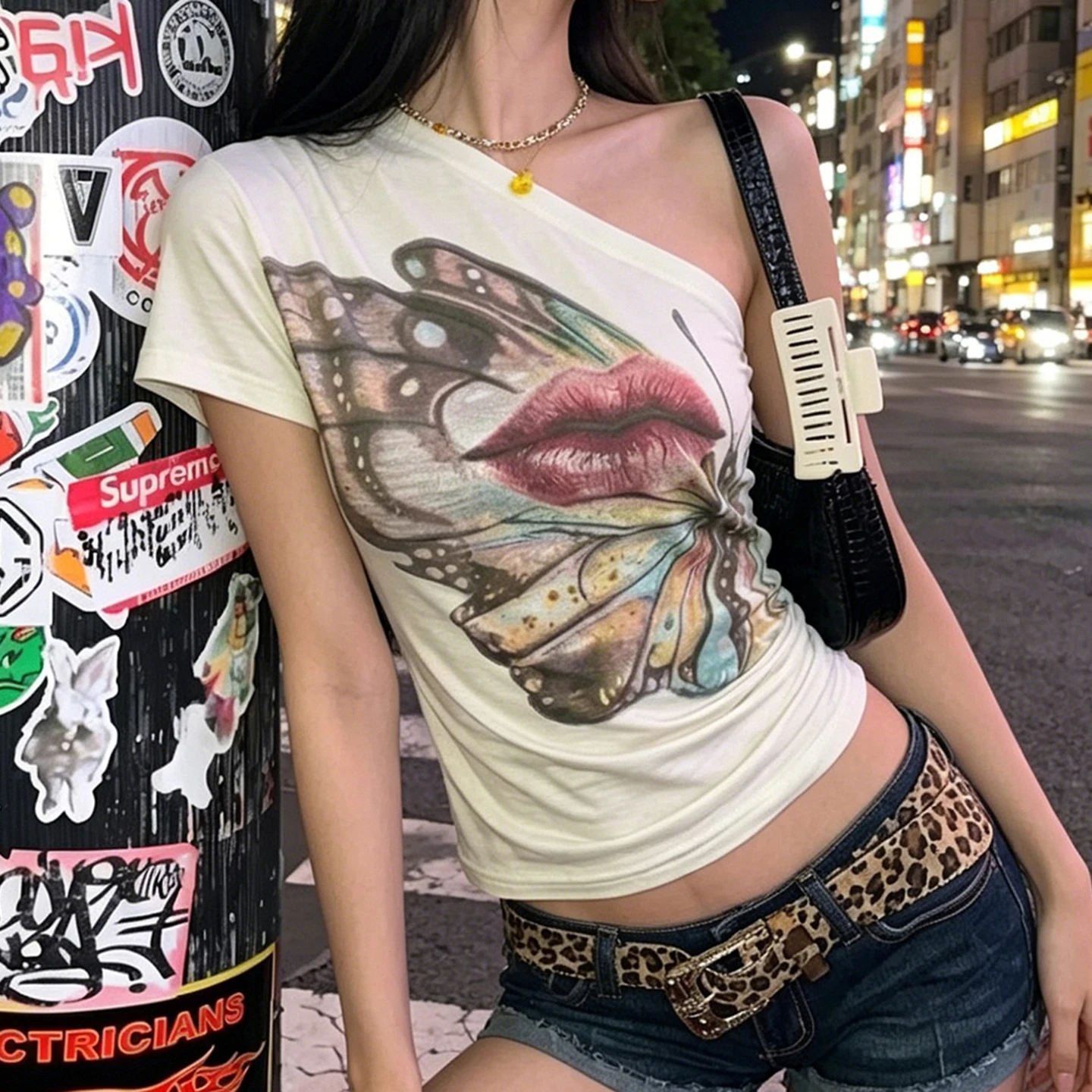 SUCHCUTE Women One Shoulder Short Sleeve T Shirt Butterfly Lips Print Ruched Slim Crop Top Y2K Vintage Streetwear Sexy Tee Chic view 2