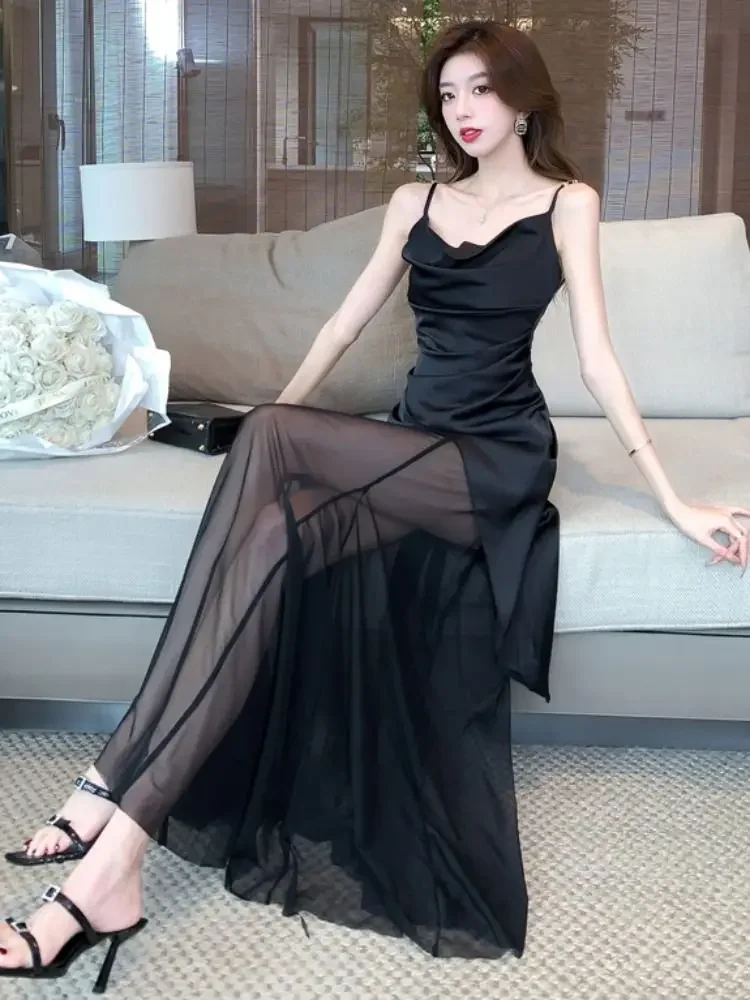 ลื่นสีดําพรหมแขนกุดตาข่ายยาวพรรคMaxi D Ressสําหรับผู้หญิงS Undressเย็นชิ้นเดียวสบายๆเยาวชนโค้งร้อนชุดผู้หญิง