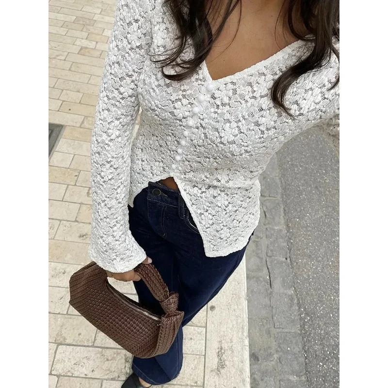 BKQU Sexy Lace See Through T-shirt Women Chic V-neck Button Split Long Flare Sleeve Slim Elegant Top Casual Versatile Streetwear