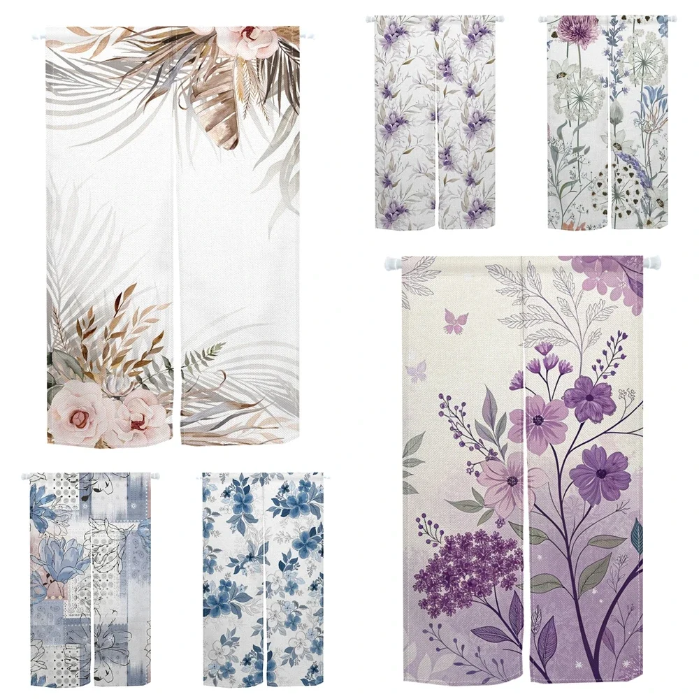 Flowers Japanese Door Curtain Plant Printing Linen Noren Bedroom Privacy Partition Kitchen Dining Room Entrance Hanging Curtains