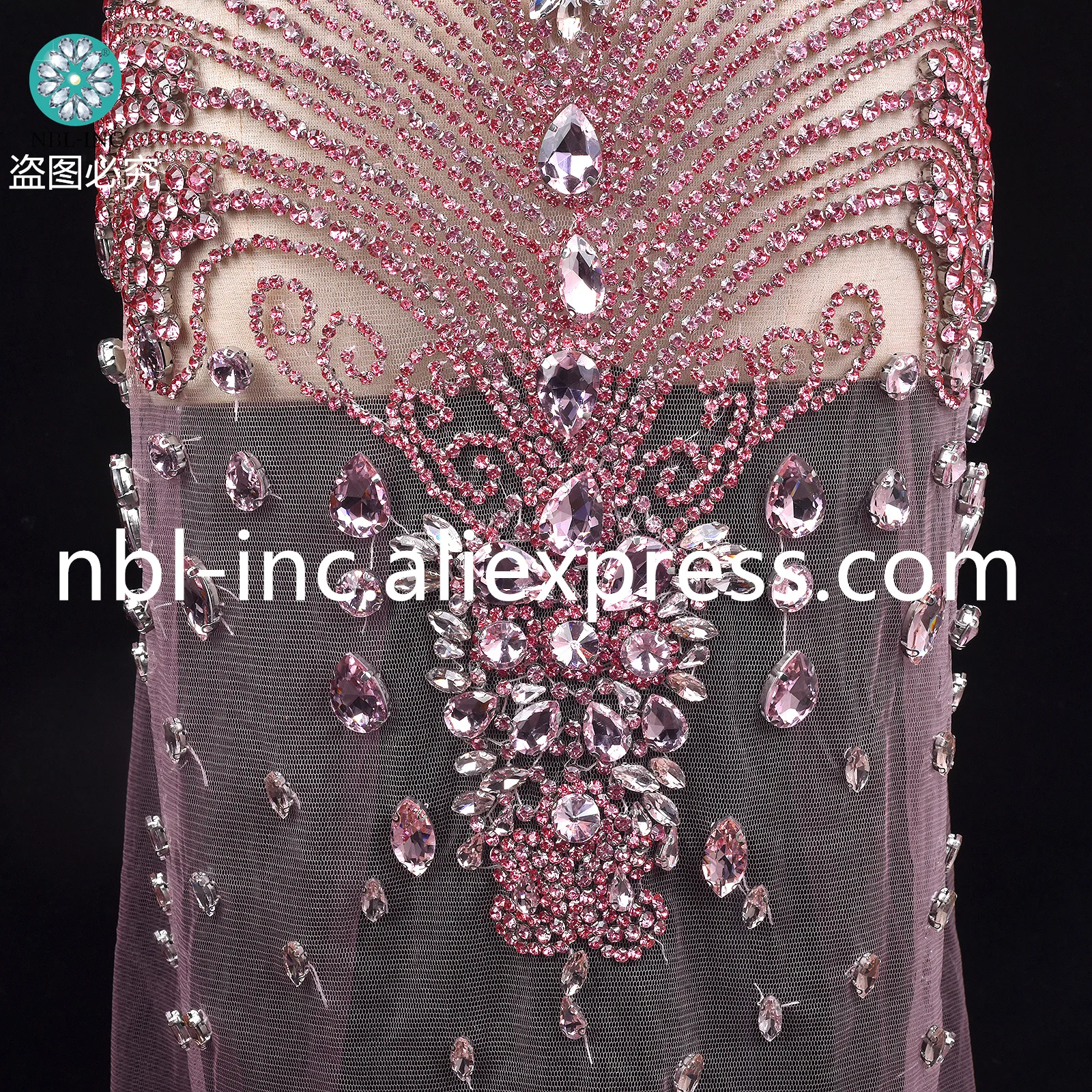 (1PC) Luxury hand-made crystal rhinestone bodice applique pink for wedding panel sew on hot sale WDD1359-PK