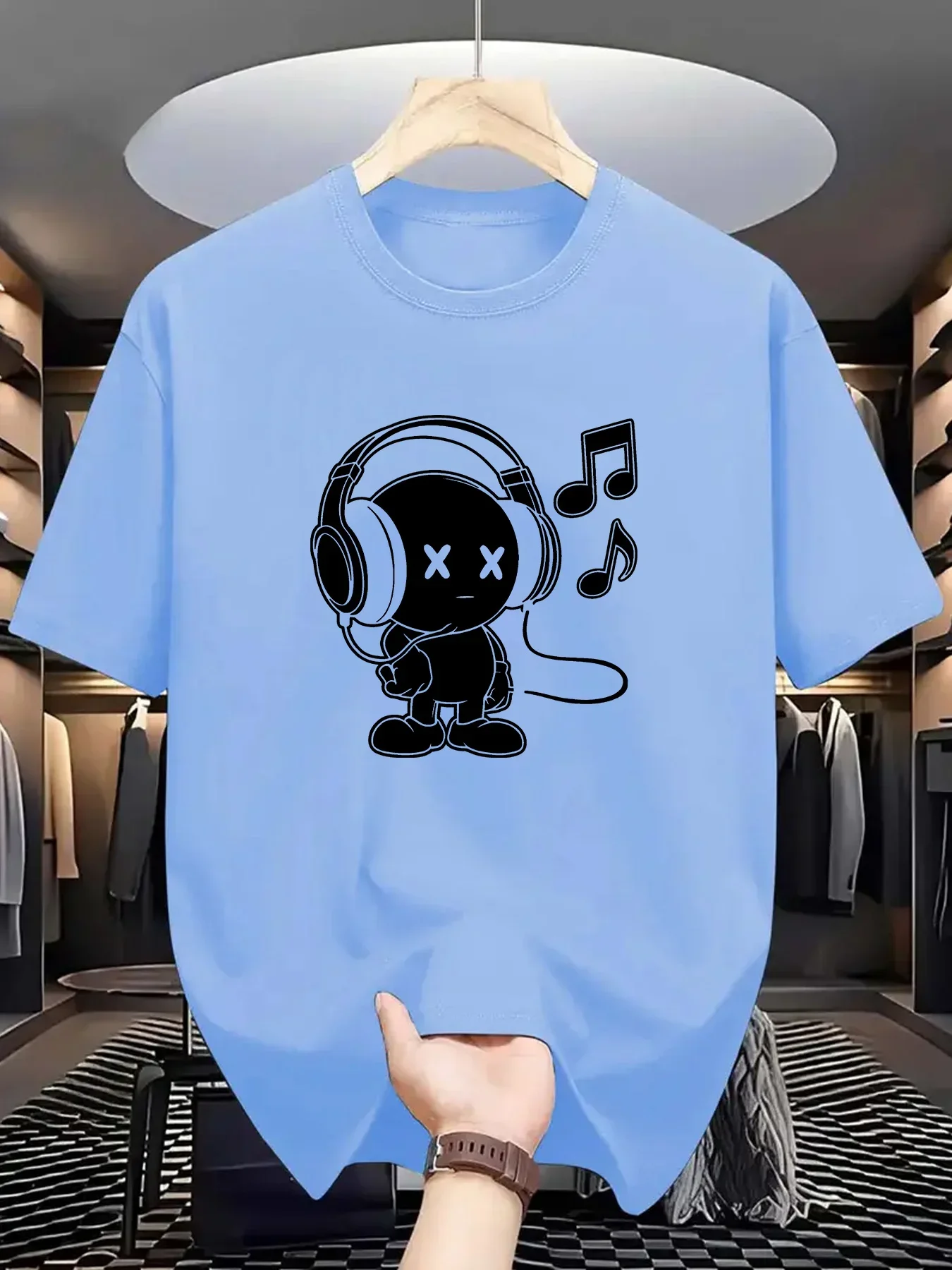 تي شيرت رجالي صيفي 100% قطن غير رسمي فضفاض مقاس كبير بطابع موسيقي مطبوع مريح رياضي برقبة دائرية وأكمام قصيرة #5