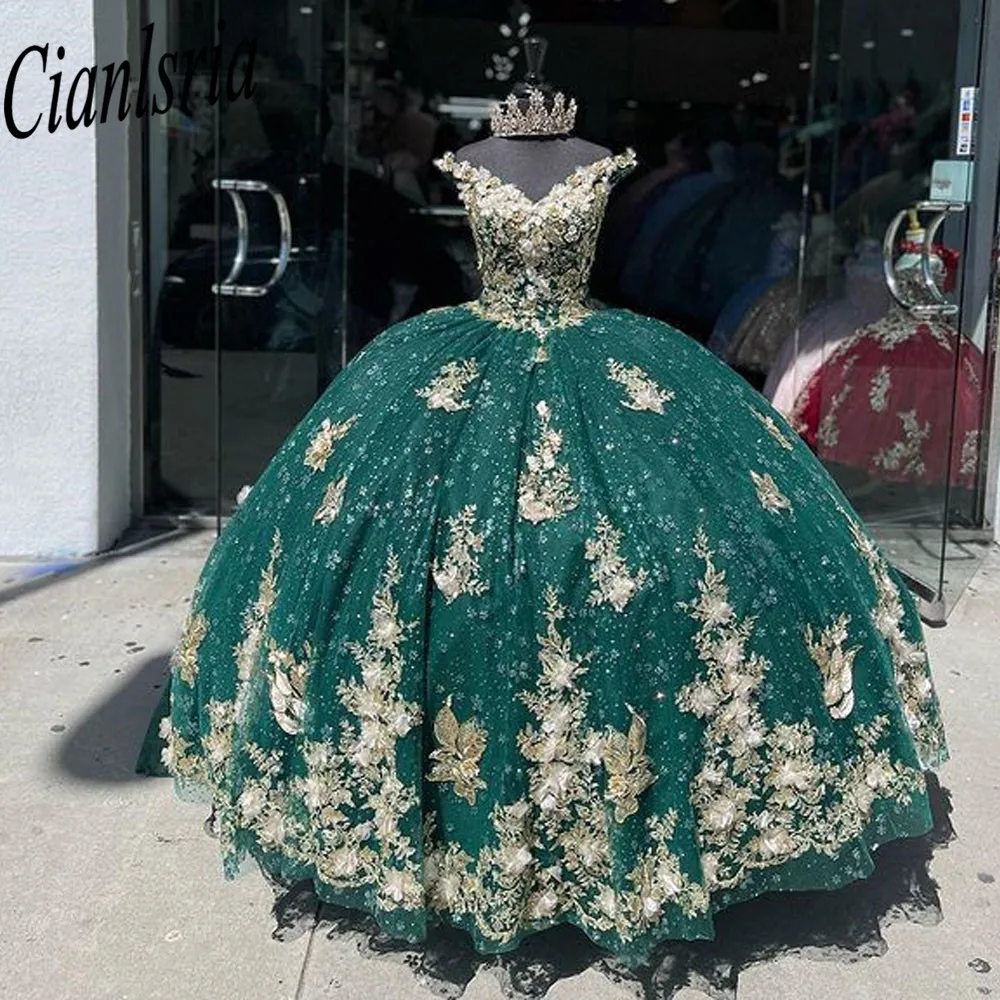 Princess Green Off The Shoulder Ball Gown Quinceanera Dress Beaded Birthday Prom Dresses For Girl Appliques Lace Up Back