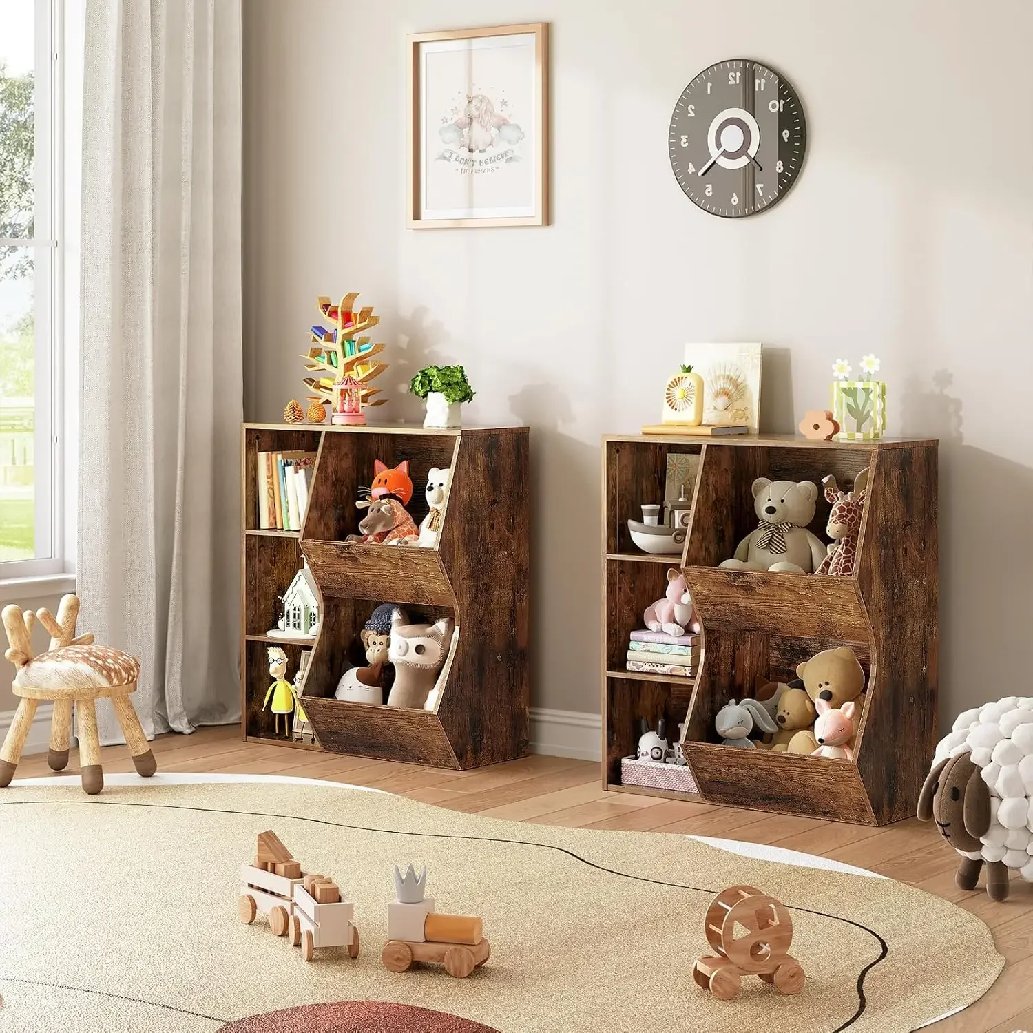 Kids Bookshelf, Toy Storage Organizer, 5 Cubby Children Bookcase, Wooden Toy Storage Cabinet with 2 Adjustable Shelves, Toy Shel