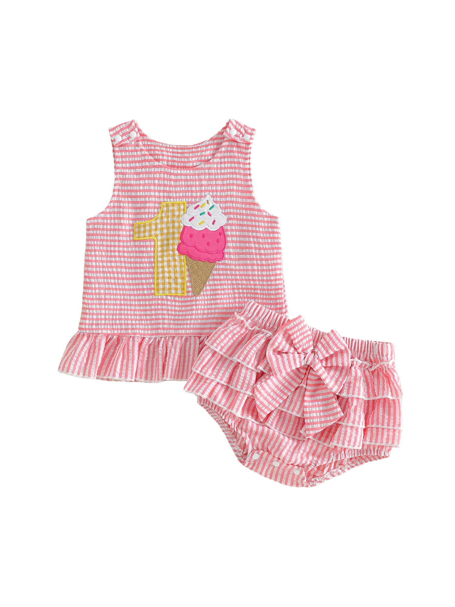 

Toddler Girls Summer Birthday Outfit Adorable Ice Cream Embroidered Tank Top and Shorts Set 2 Pieces Clothing Ensemble