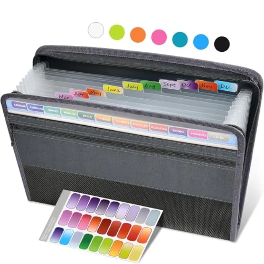 

Accordion File Organizer with Safe Zipper, 12 Pocket Expanding File Folder with Front Pencil Pouch, Portable Monthly Paper Bill