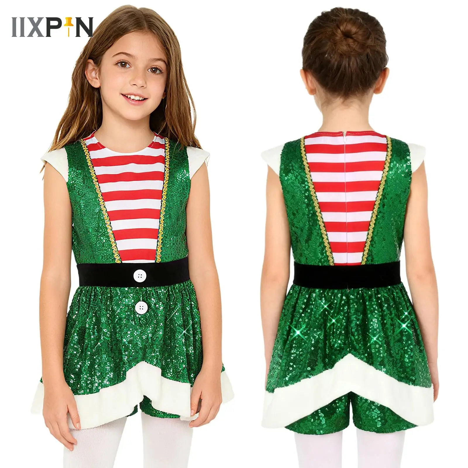

Girls Christmas Candy Cane Cosplay Striped Sequins Jumpsuit Ballet Dance Shorty Unitard Dress Costume Performance Dancewear