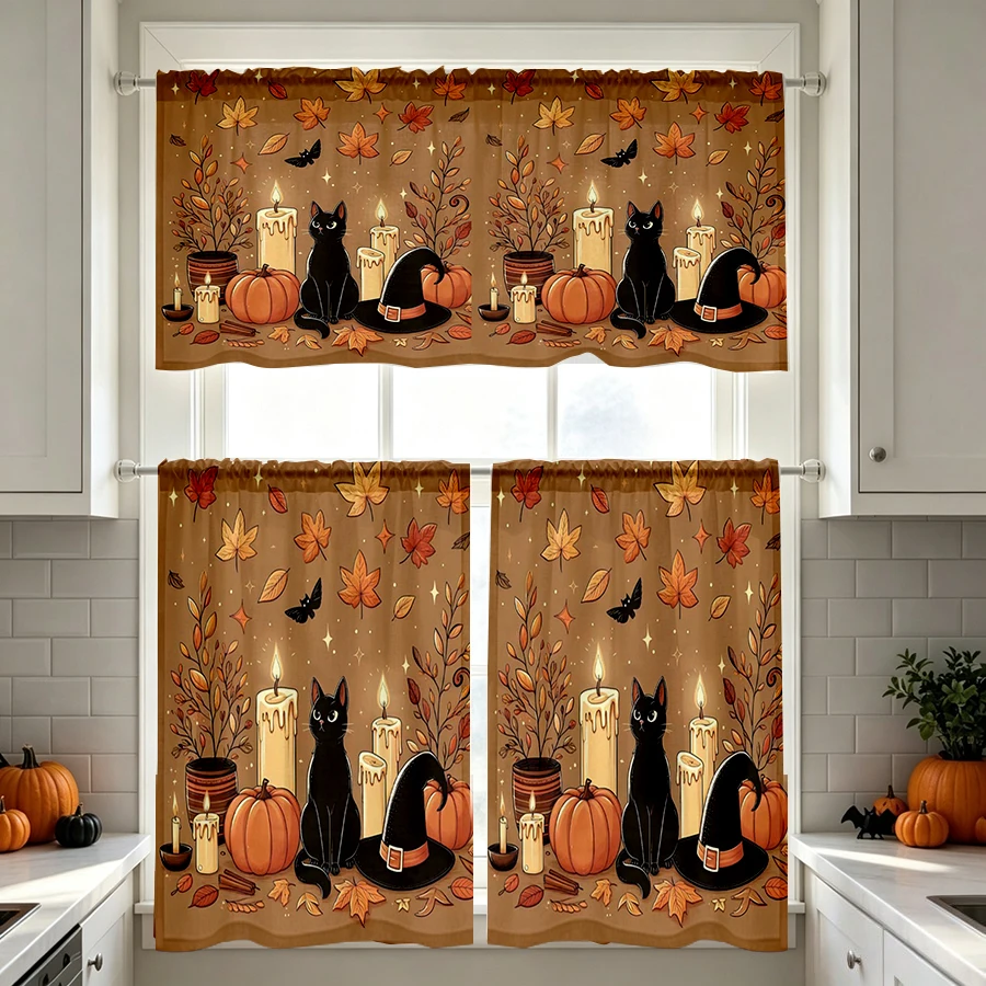 Halloween Fall Kitchen Curtains, Black Cat Candle Pumpkin, Digital Print, Kitchen Dining Room, Rod Pocket Polyester, Home Decor