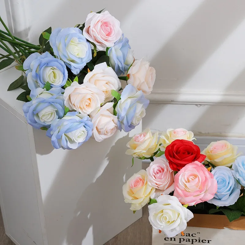 Cloth Fake Flower Realistic 8cm Elegant Blue Rose Handmade Decorative Rose for Home Decoration