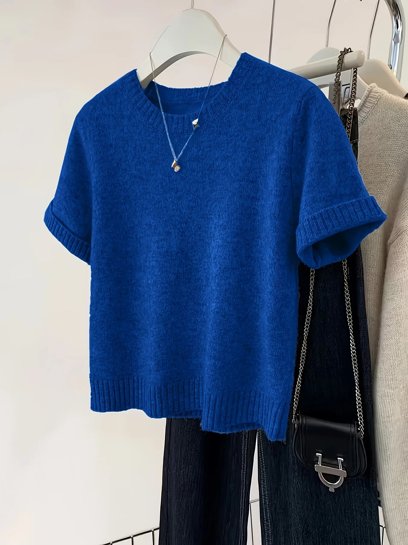 

Женский вязаный топ королевского синего цвета с круглым вырезом и короткими рукавами, повседневный и простой, для весенне-летнего сезона (без декоративных элементов)