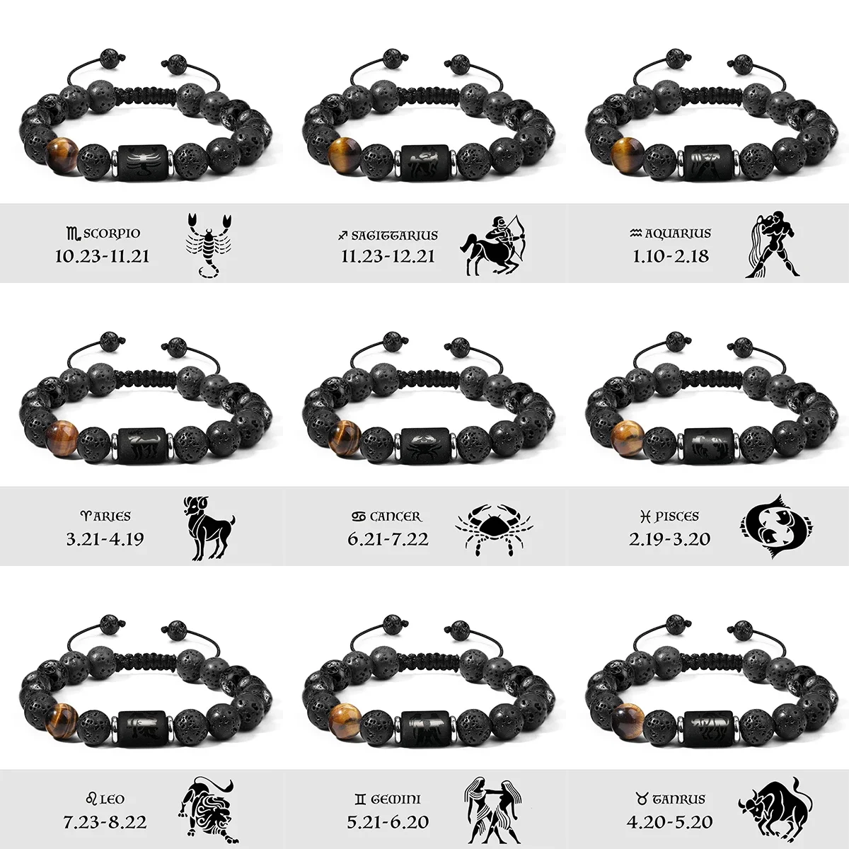 12 Zodiac Signs Charm 10mm Natural Lava Volcanic Stone Bracelet Adjustable Man Bracelet Friendship Gift