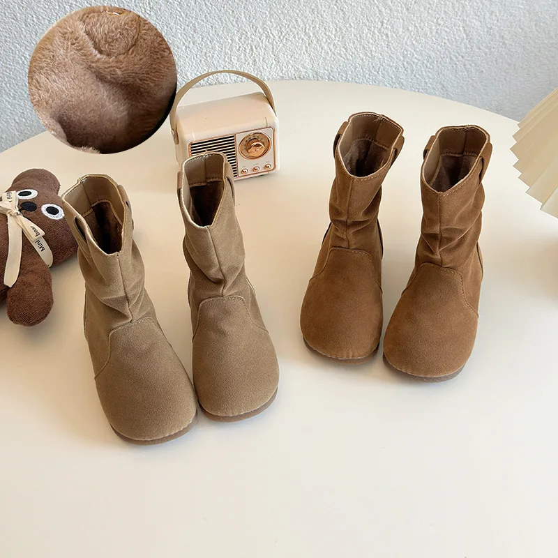 

New Winter Stacked Boots for Girls Warm Lining Kids SLOUCH BOOTS Fashion Suede PU Leather Children's Mid-calf Boots