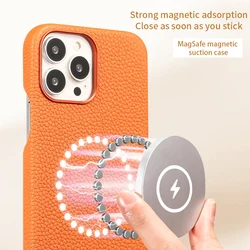for Magsafe Case for iPhone 13 Pro Max 13 Mini 13Pro Natural Cowhide Lychee Leather Magnetic Luxury Metal Frame Phone Back Cover