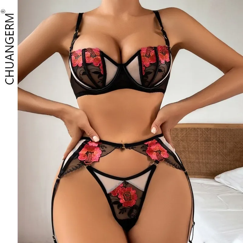 

CHUANGERM Erotiic Underwear Woman Sexy Three-piece Lingerie Set Flower Embroidery Suspender Backless Mesh Sheer Garter Belt Sets