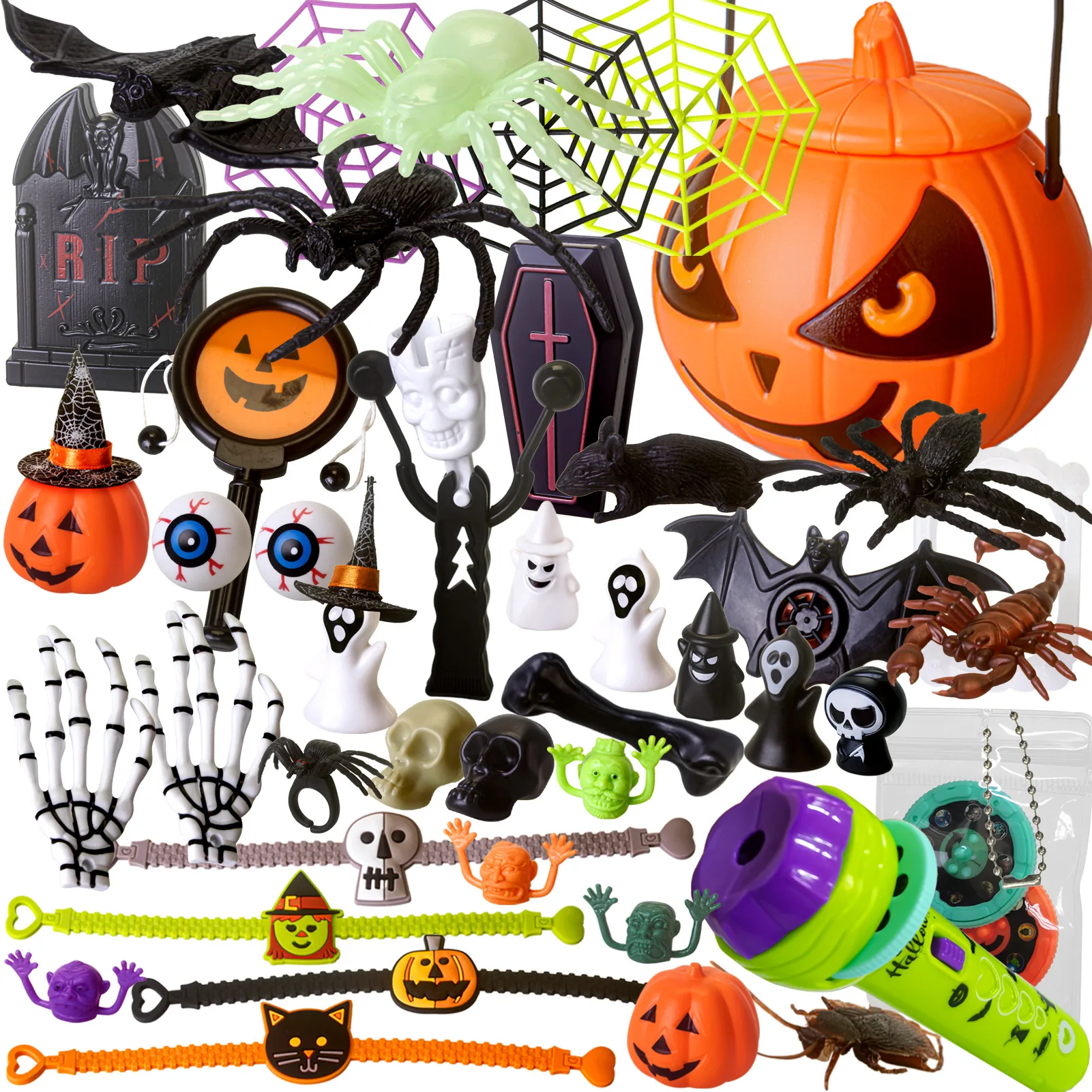 45PC Halloween Party Favors Toys Pumpkin Bucket Fake Teeth Projection Flashlight Horror Pranking Toys Party Props Halloween Gift