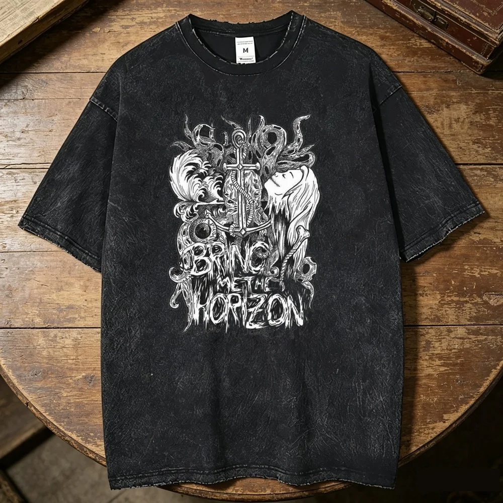 Bring Me the Horizon Vintage Washed cotton shirt men streetwear Trendy Graphic t-shirt Gothic Pop Culture University Pastel