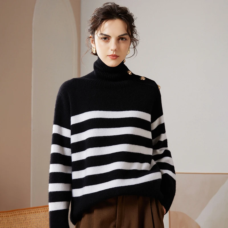 100% Pure Cashmere Sweater Autumn/Winter New Thickened High Collar Sea Soul Sweater Stripe Panel Loose Lazy Knitted Sweater