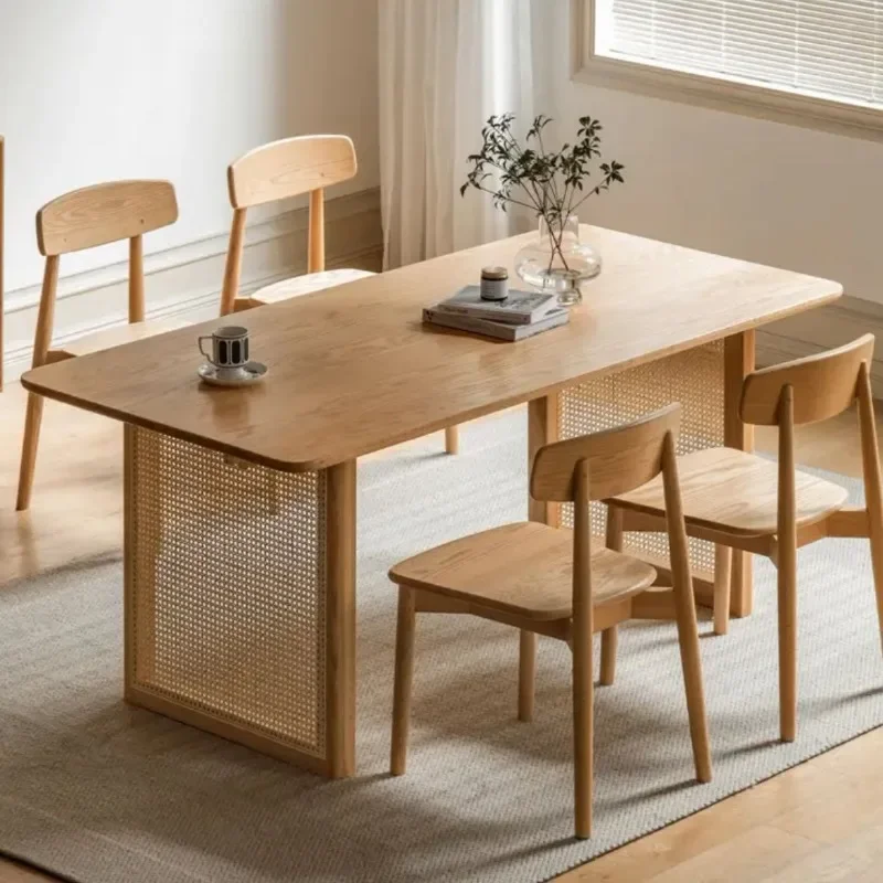 Nordic solid wood rattan dining table and chair combination, Japanese-style wabi-sandy wind small apartment household