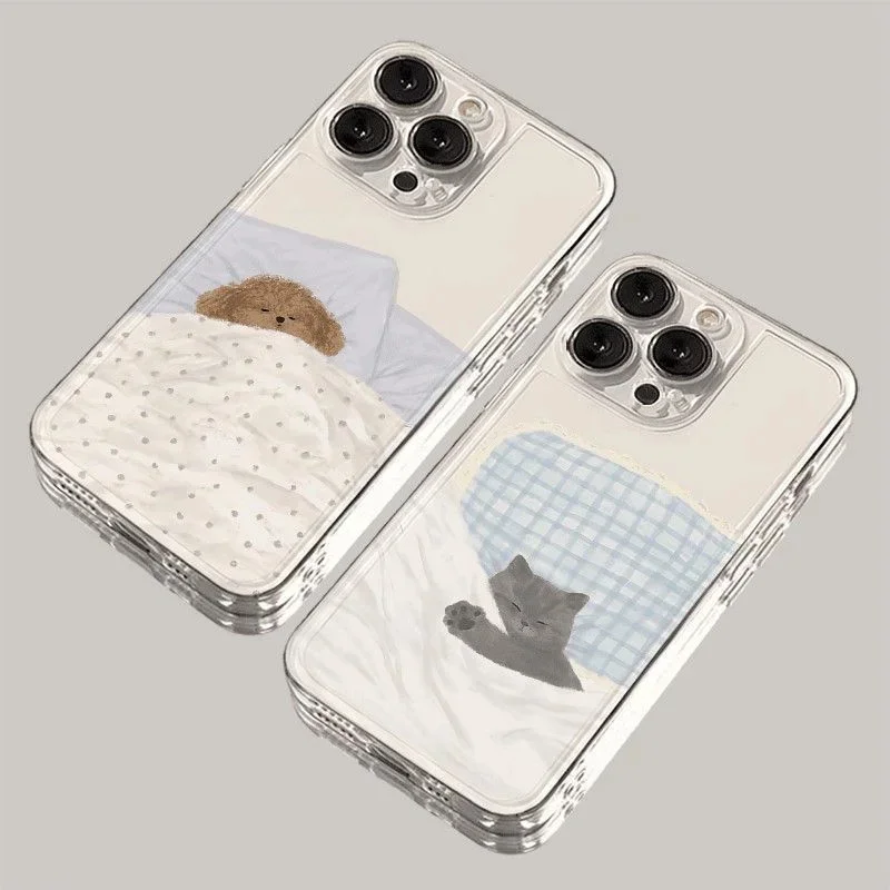 Cute Cartoon Cat Dog Phone Case For iPhone 17 15 16 12 11 14 13 Pro Max X XS XR 15 16 14 7 8 Plus 16E 17E Air Shockproof Cover